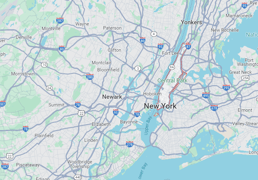 A map of new york city with the streets and highways.